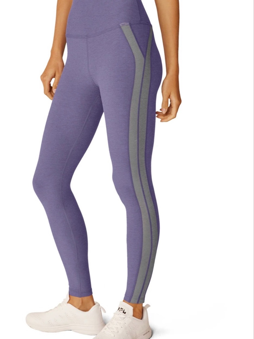 Beyond Yoga Purple High-Rise Leggings with Gray Side Stripes